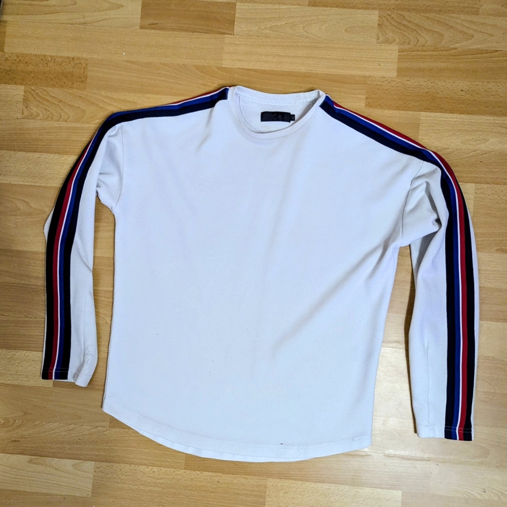 White Crewneck Sweater with Striped Sleeves